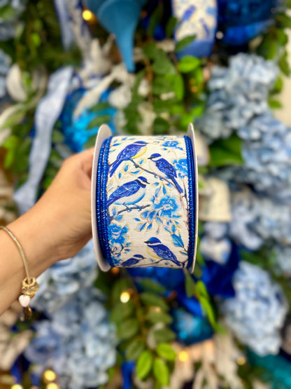 David Christopher 2.5 Inch By 10 Yard Chinoiserie Birds Ribbon With Blue Back Ribbon