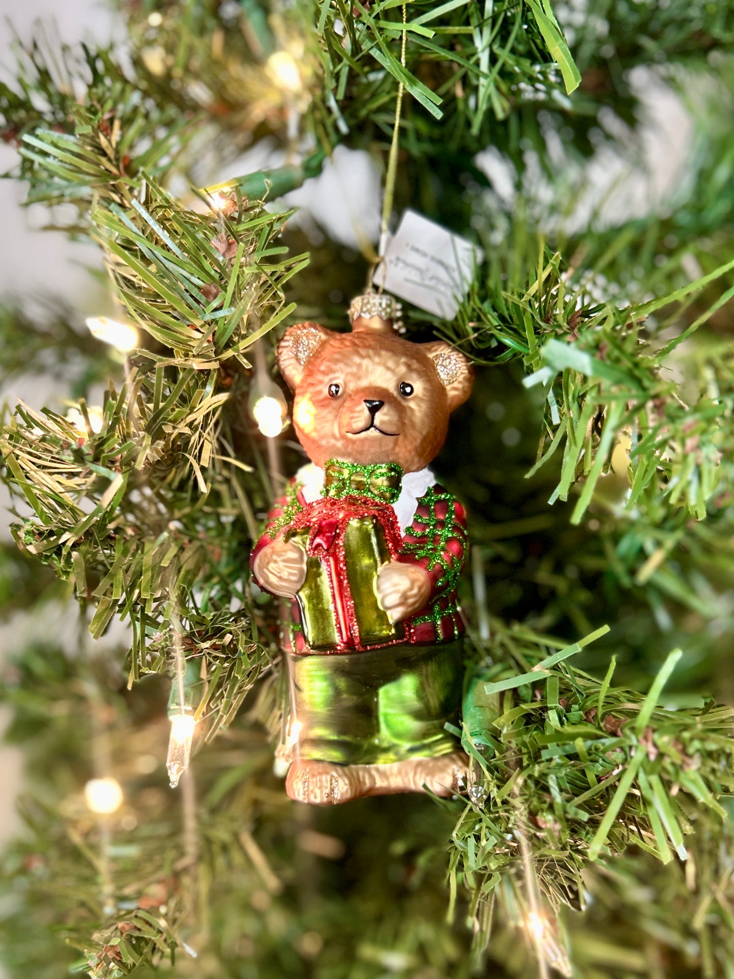 5 Inch Bear Kid With Presents Glass Ornament