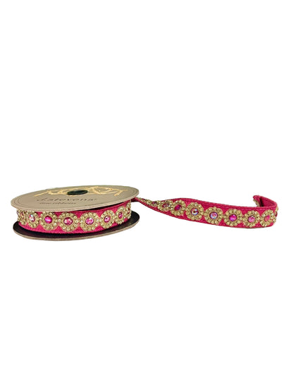 1 Inch By 5 Yards Hot Pink And Gold Jewel Floral Metallic Dupioni Ribbon