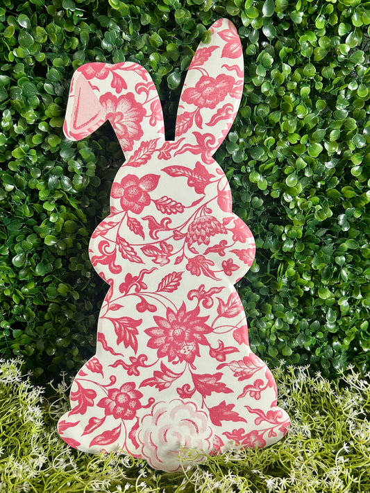 15 Inch Pink And White Chinoiserie Bunny Bottom Sign