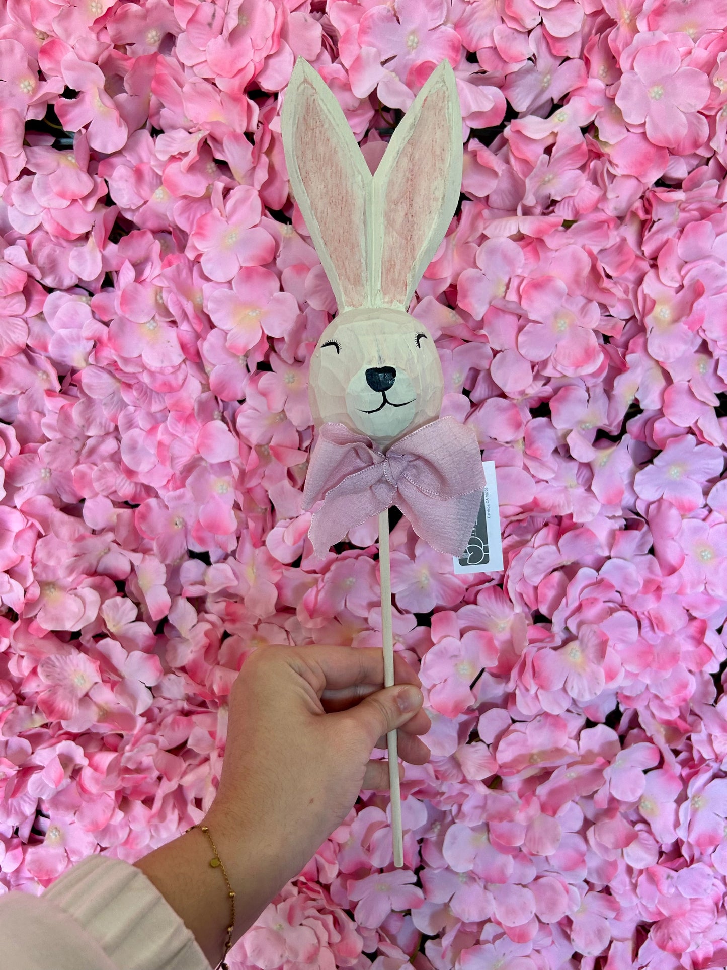 15 Inch Pink And White Wood Bunny Pick