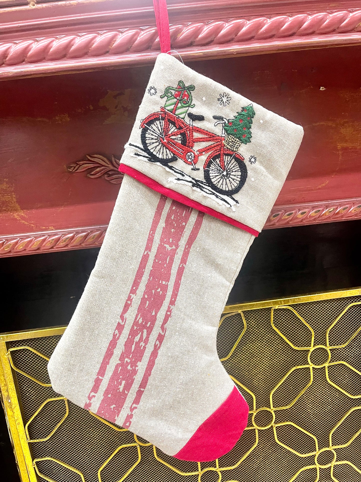 Fabric Christmas Stocking With Truck Or Bicycle Design 2 Assorted Styles