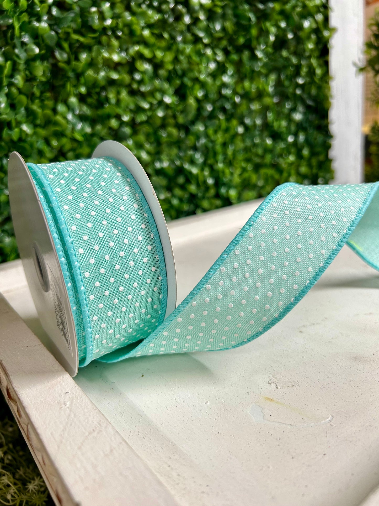 1.5 Inch By 10 Yard Mint Green And White Raised Swiss Dots On Royal Ribbon
