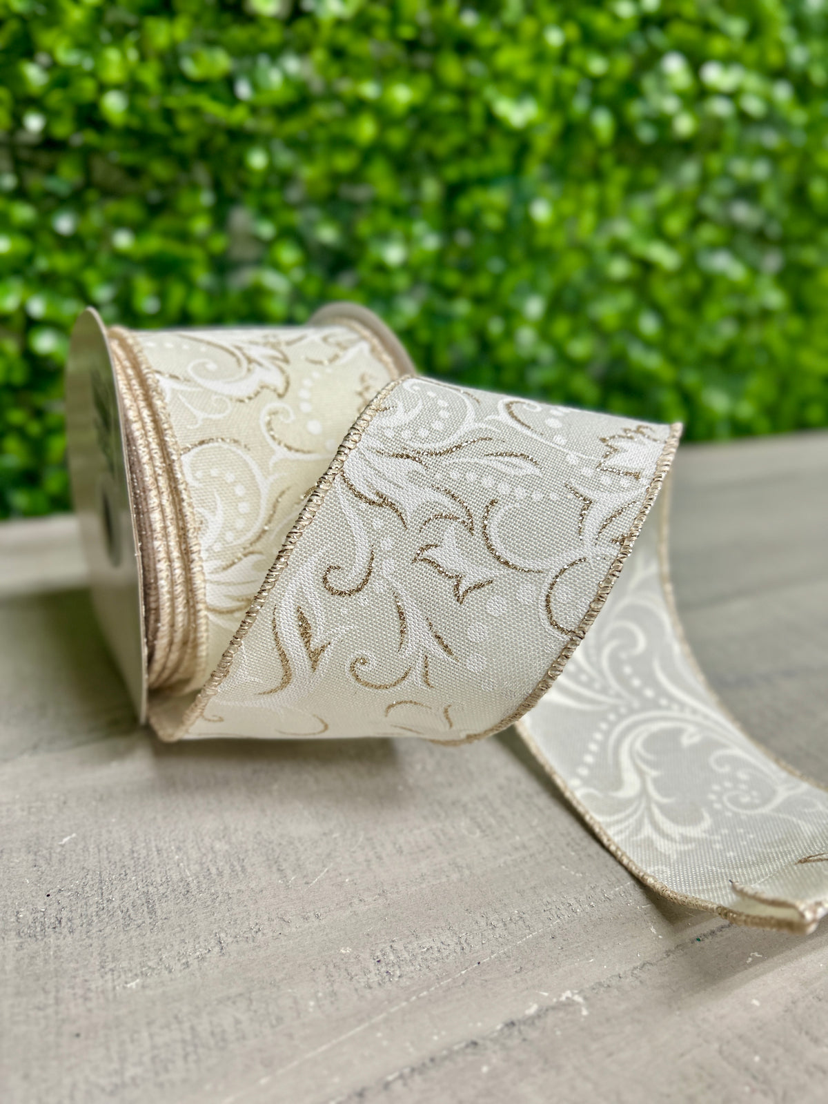 2.5 Inch By 10 Yard Ivory And White Leaf Filagree With Polka Dot Ribbon