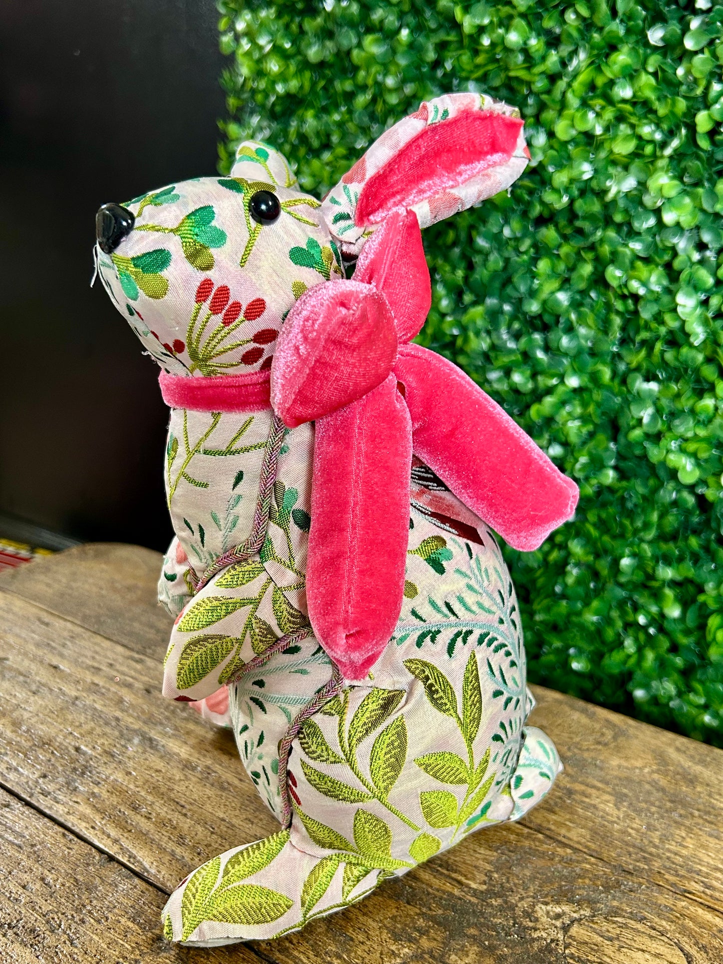 Pink And Green Floral Fabric Easter Bunny With Pink Bow Two Styles
