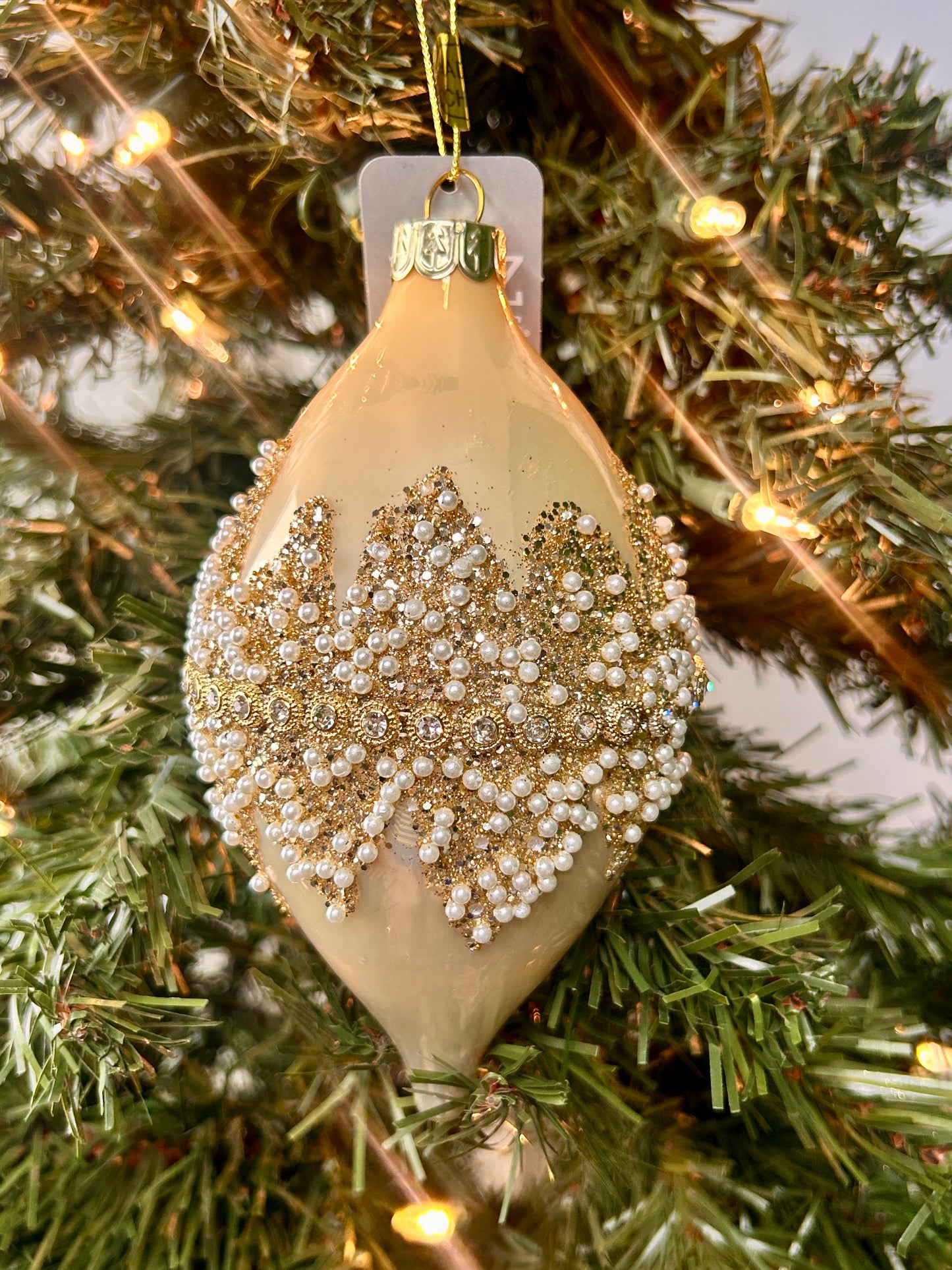 4 Inch Champagne And Cream Beaded Glass Ornament Three Assorted
