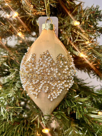 4 Inch Champagne And Cream Beaded Glass Ornament Three Assorted