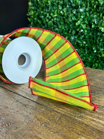 4 Inch By 10 Yard Red Lime And Yellow Dupioni Ribbon