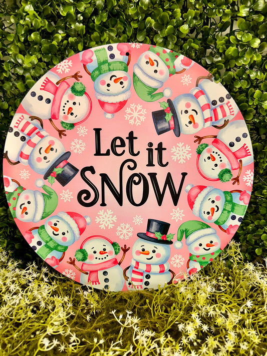 12 Inch Pink White And Mint Let It Snow With Snowmen Metal Sign