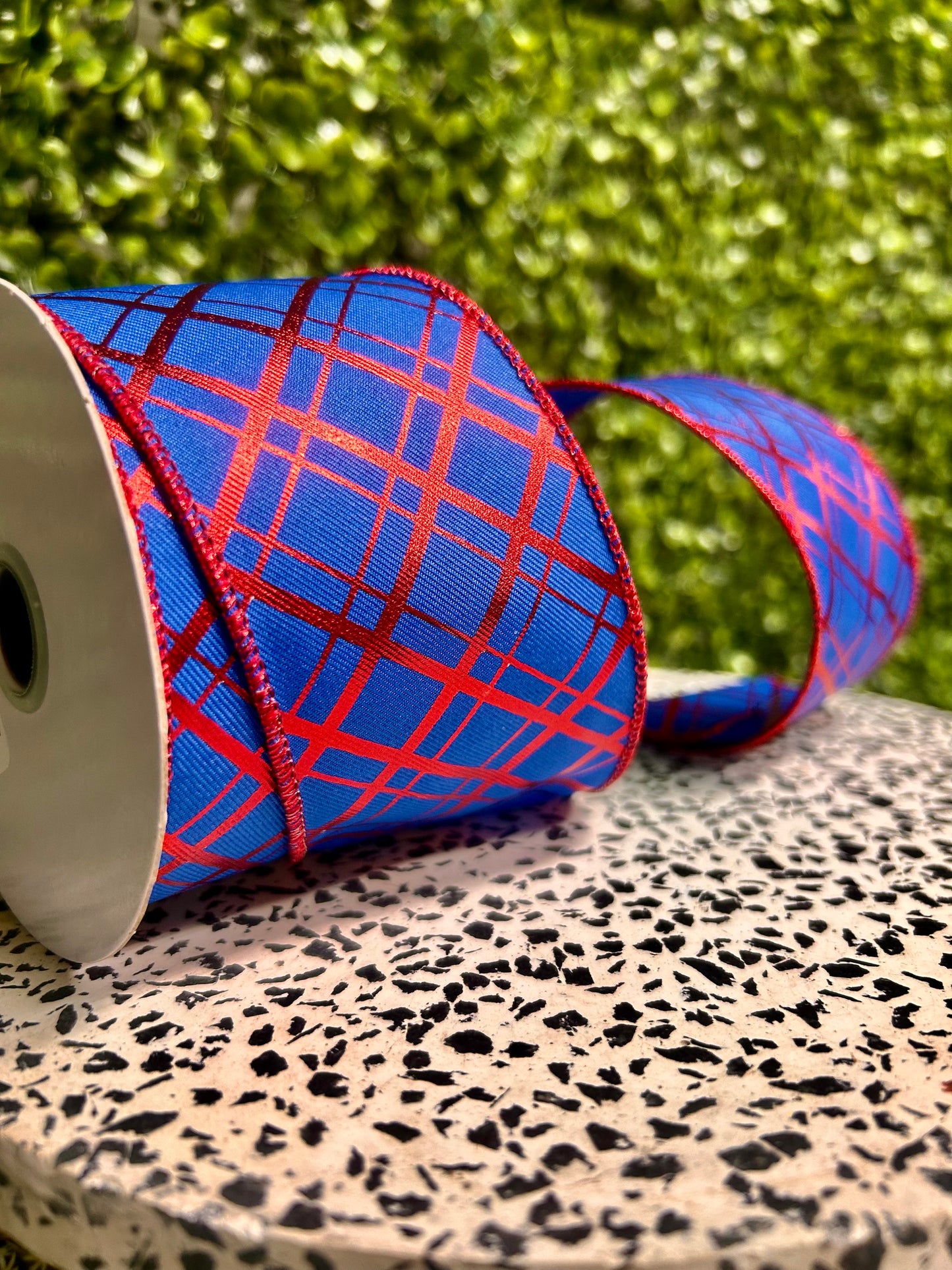 2.5 Inch By 10 Yard Red And Royal Blue Metallic Thick And Thin Diagonal Plaid Ribbon