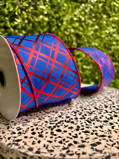 2.5 Inch By 10 Yard Red And Royal Blue Metallic Thick And Thin Diagonal Plaid Ribbon