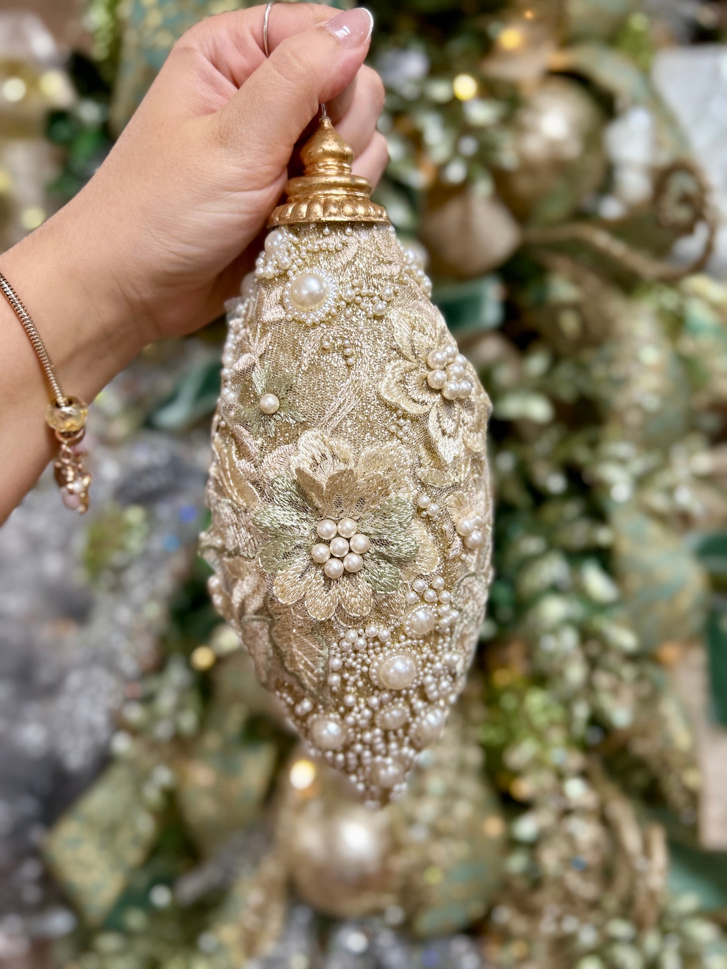 10 Inch Champagne Pearl Embossed Glitter Finial Ornament