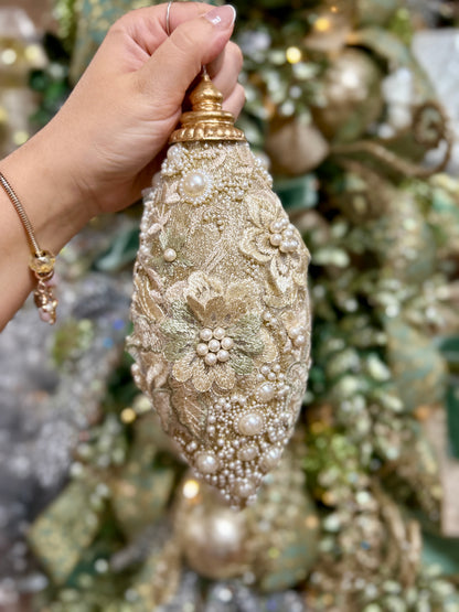 10 Inch Champagne Pearl Embossed Glitter Finial Ornament