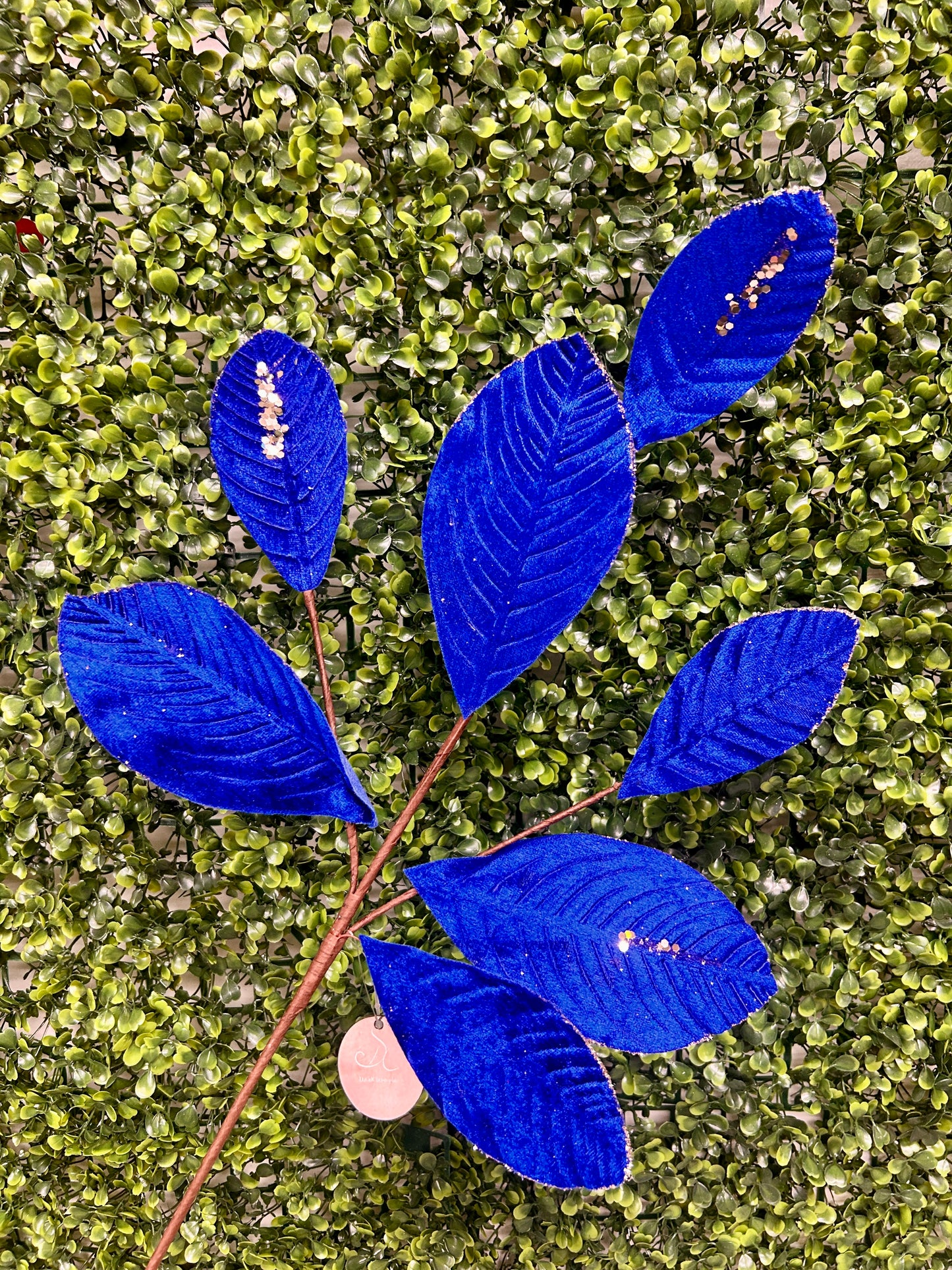 26 Inch Royal Blue Velvet Sequin Magnolia Leaf Spray