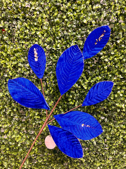 26 Inch Royal Blue Velvet Sequin Magnolia Leaf Spray