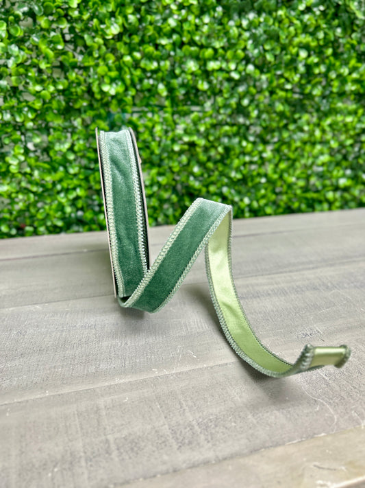 7/8 Inch By 10 Yard Sage Green Deluxe Velvet With Satin Backing Ribbon