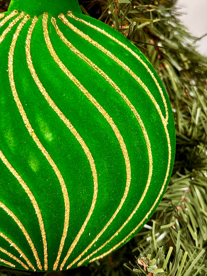 6 Inch Emerald Green And Gold Flocked Glitter Stripe Flat Ornament
