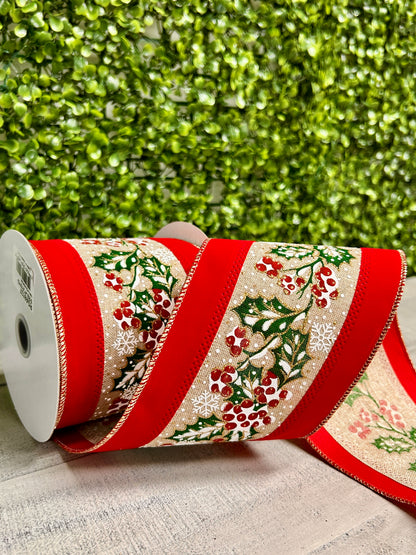 4 Inch By 10 Yard Holly Leaves And Berries Velvet Ribbon
