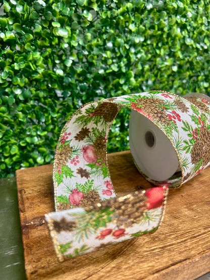 2.5 Inch By 10 Yard Pinecone Berry And Mistletoe Ribbon