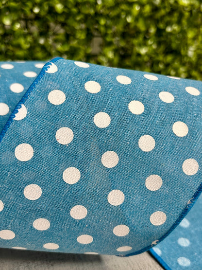 4 Inch By 10 Yard Blue Polka Dot Linen Ribbon