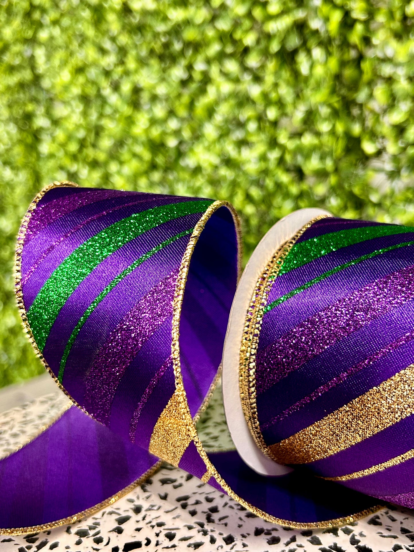 2.5 Inch By 10 Yard Mardi Gras Green Purple And Gold Diagonal Stripe Ribbon