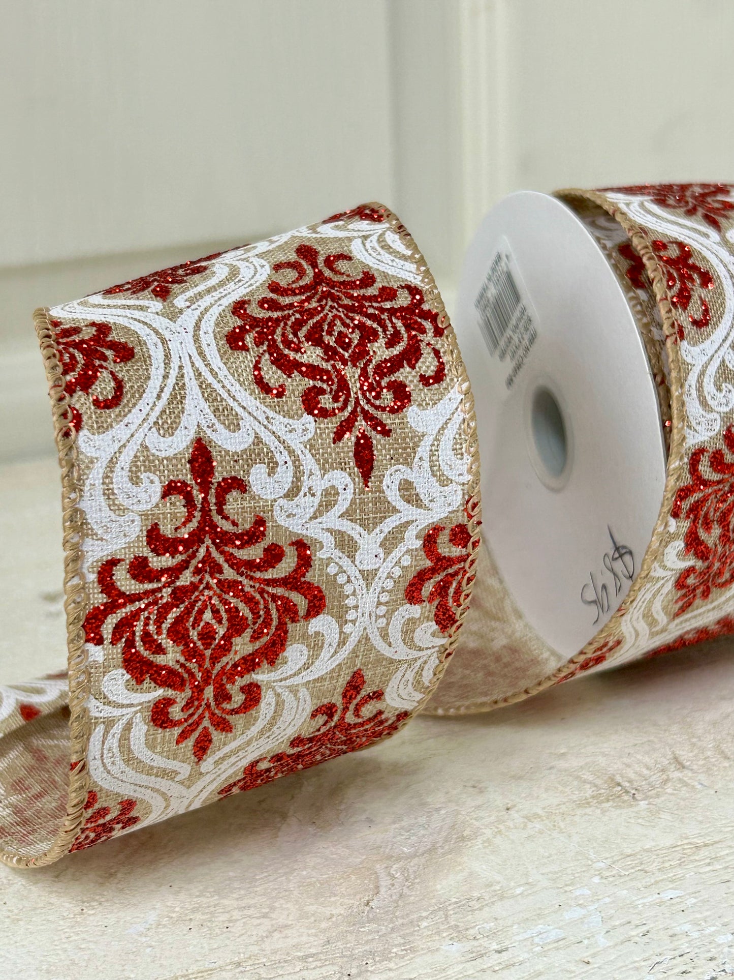 2.5 Inch By 10 Yard Red And White Glitter Demask With A Burlap Background Ribbon