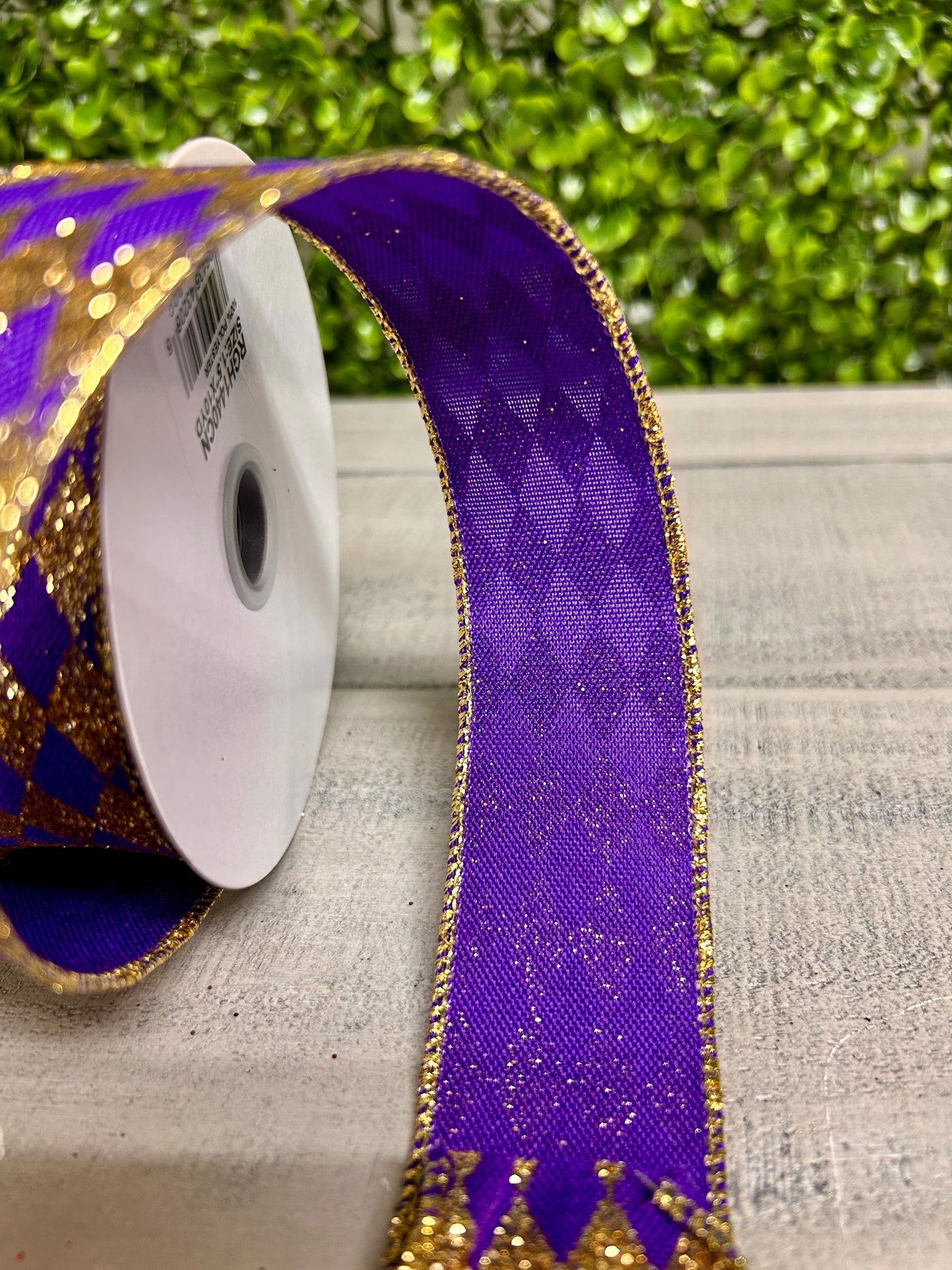 1.5 Inch By 10 Yard Purple And Gold Glitter Harlequin Ribbon