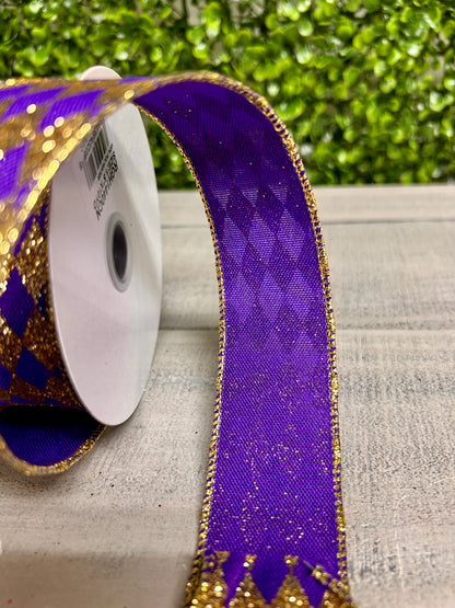 1.5 Inch By 10 Yard Purple And Gold Glitter Harlequin Ribbon