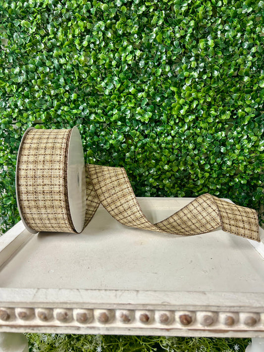 2.5 Inch By 50 Yard Cream Natural And Brown Woven Check Ribbon