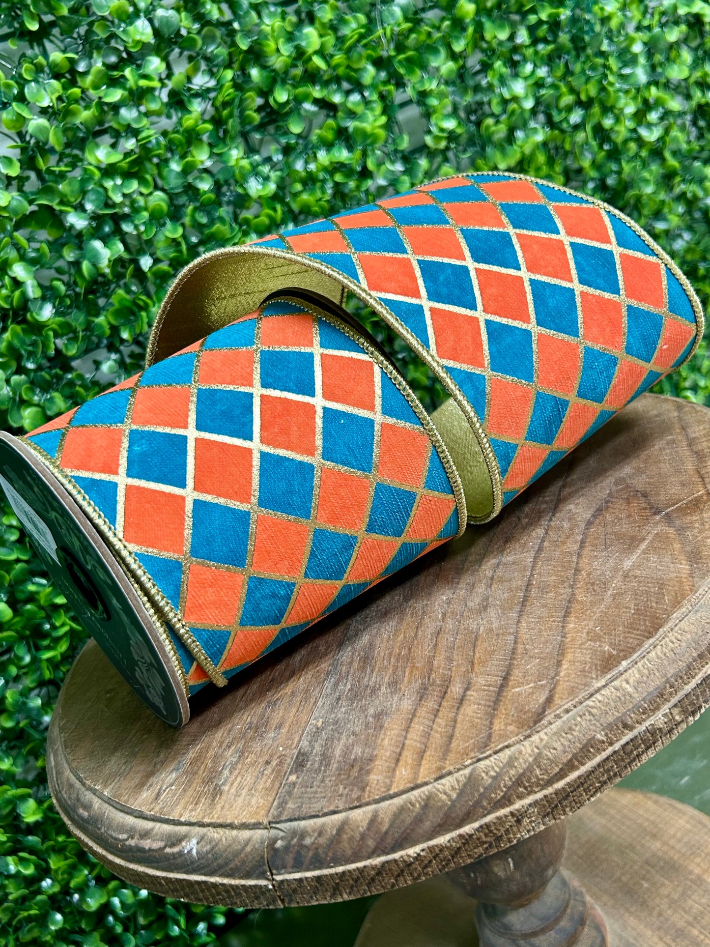 4 Inch By 5 Yard Orange And Turquoise Diamond Elite Metallic Outline Deluxe Wired Edge Ribbon