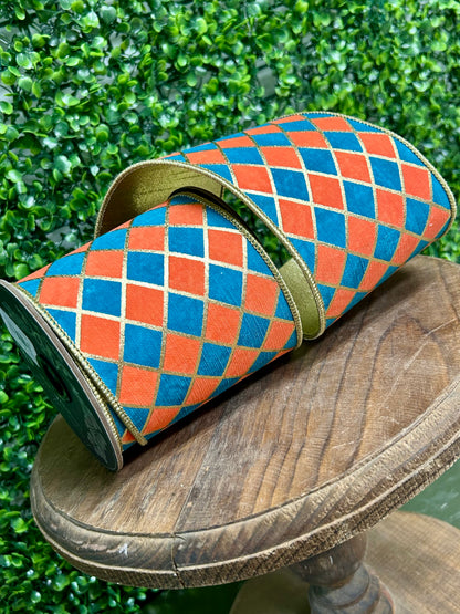 4 Inch By 5 Yard Orange And Turquoise Diamond Elite Metallic Outline Deluxe Wired Edge Ribbon