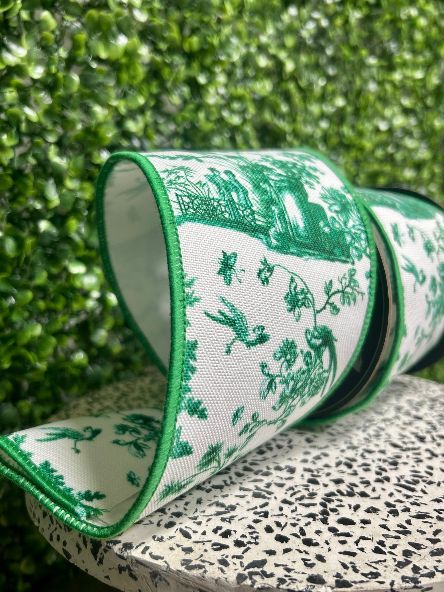 4 Inch By 5 Yard Green And White Asian Vista Chinoiserie Deluxe Ribbon