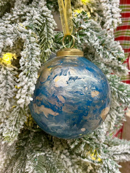 4 Inch Blue Gold And White Marble Glass Ball Ornament