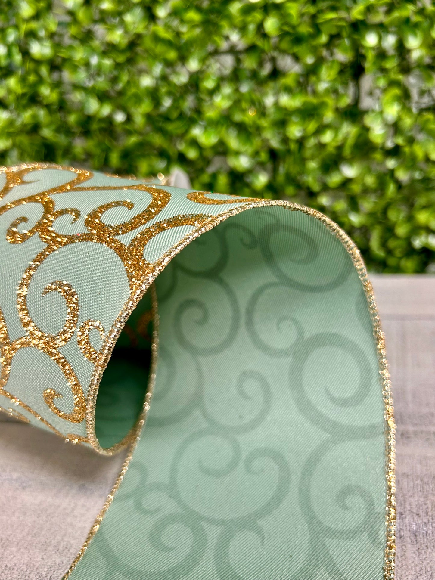 4 Inch By 10 Yard Sage Green And Gold Glitter Swirl Ribbon