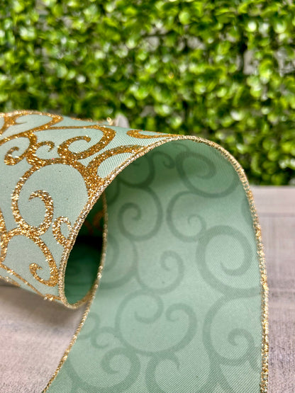 4 Inch By 10 Yard Sage Green And Gold Glitter Swirl Ribbon