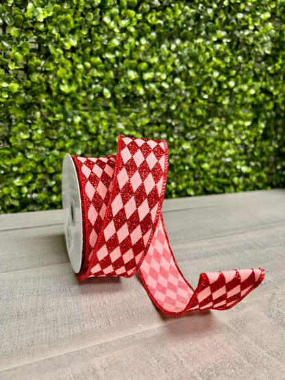 1.5 Inch By 10 Yard Rose Pink And Red Glitter Harlequin Ribbon