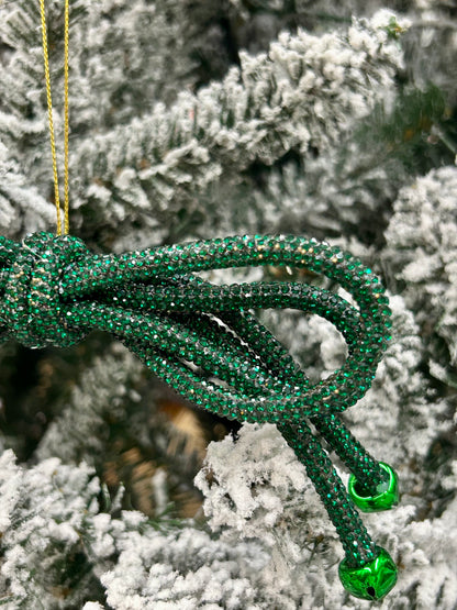 5.5 Inch Green Sparkle Bow With Bells Ornament