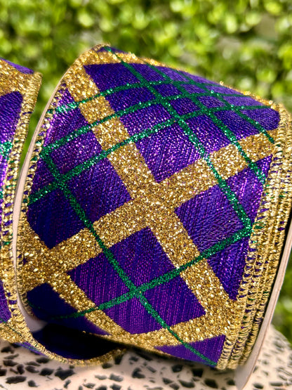 2.5 Inch By 10 Yard Purple Gold And Green Glitter Diagonal Plaid Ribbon
