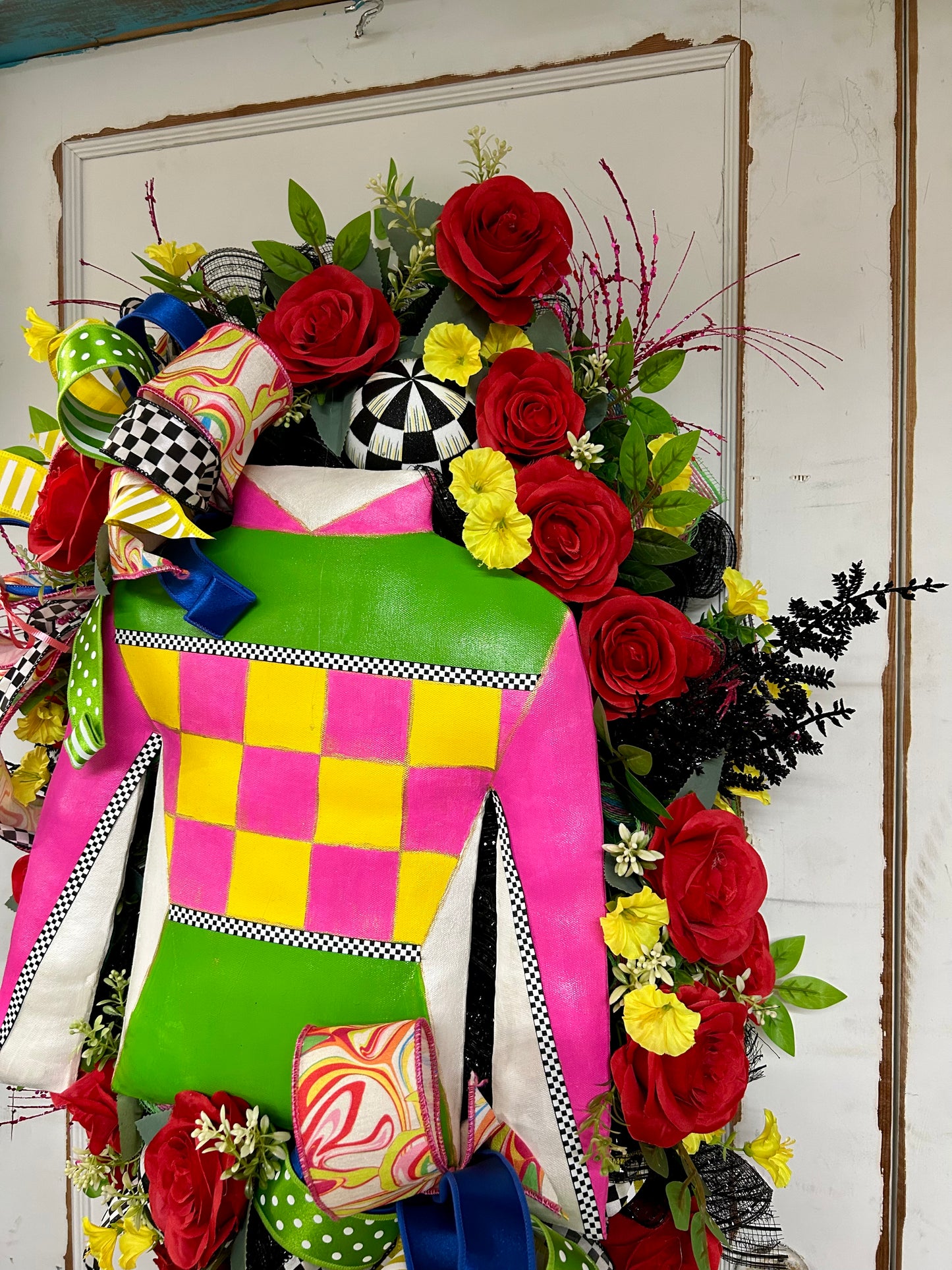 Pre-Made Pink And Green Derby Jockey Shirt Wreath By Caela With Sweet Girl Designs