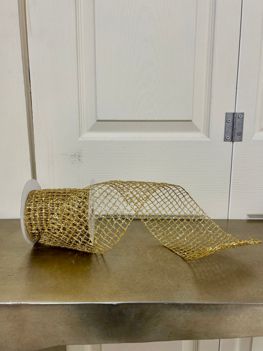 4.25 Inch By 10 Yard Gold Tinsel Mesh Ribbon
