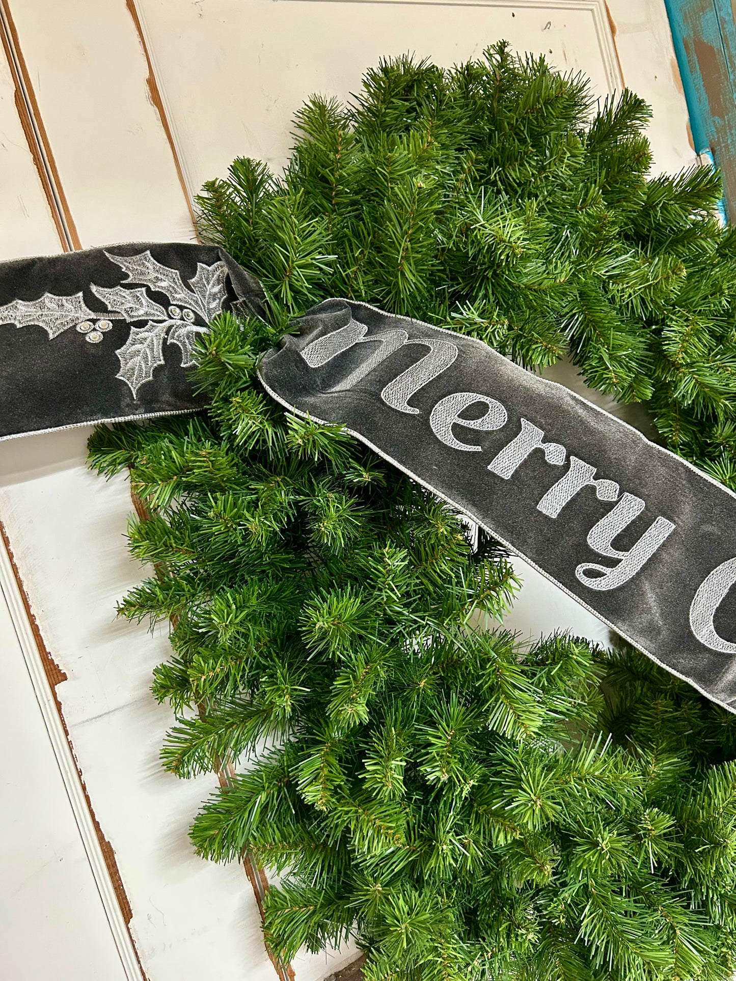 6 Inch By 70 Yard Grey Velvet Embroidery Jeweled Merry Christmas Banner