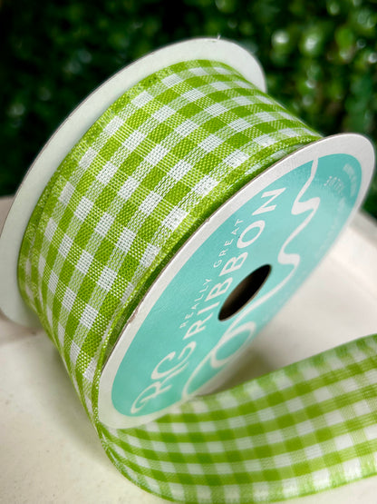 1.5 Inch By 10 Yard Apple Green And White Gingham Check Ribbon