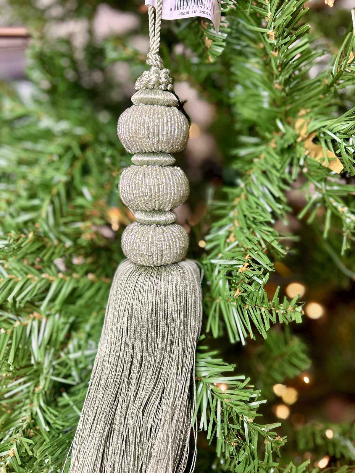 12.5 Inch Sage Bead Ball Tassel Ornament
