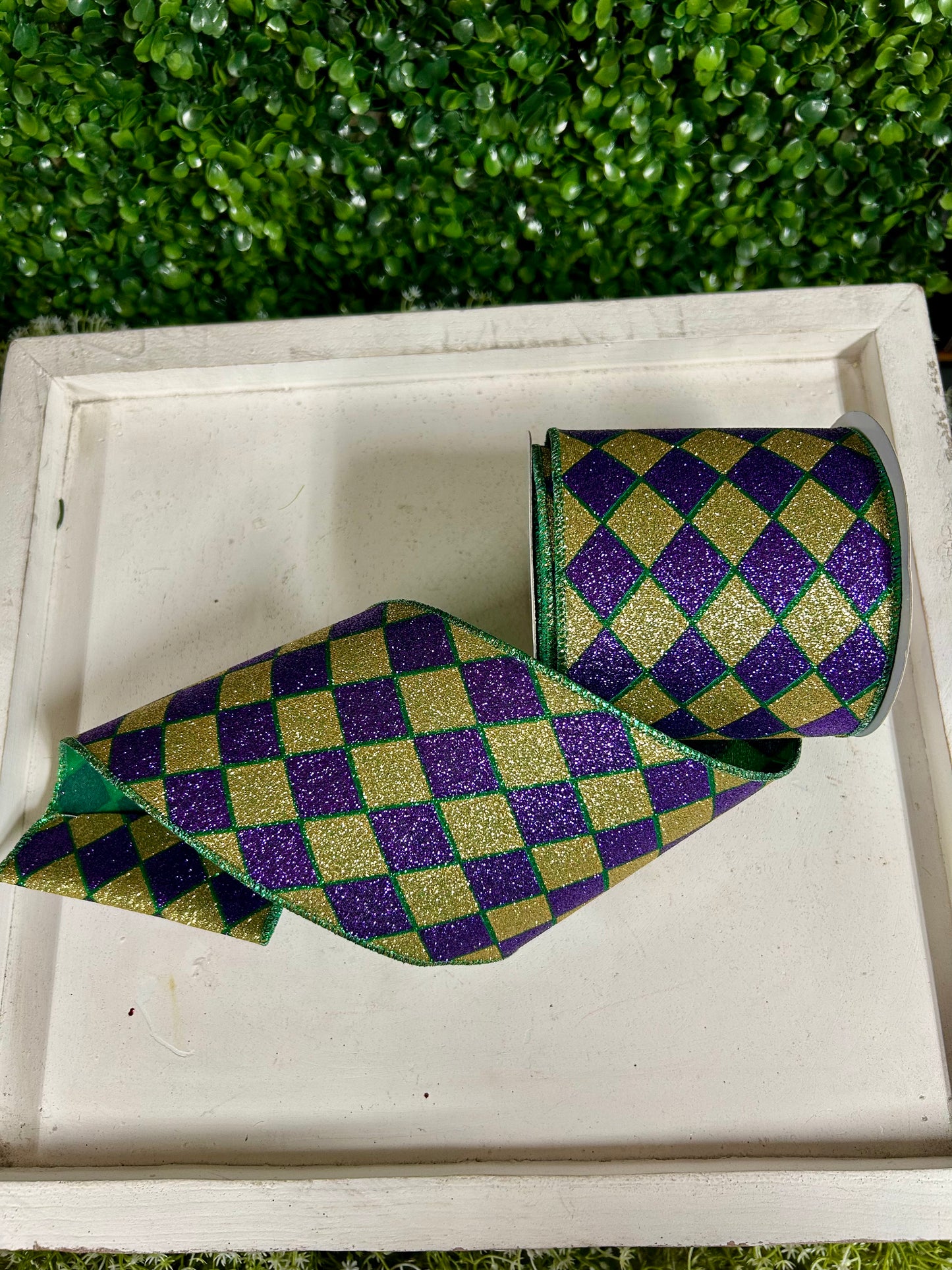 4 Inch By 10 Yard Mardi Gras Glitter Harlequin Ribbon