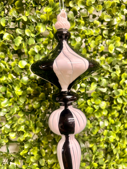 12 Inch Black And White Striped Glass Finial Ornament