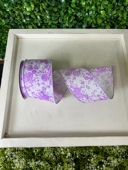 2.5 Inch By 10 Yard White Linen With Lavender Ombre Roses Ribbon
