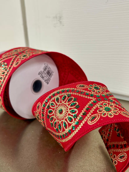 2.5 Inch By 10 Yard Red Emerald And Gold Deluxe Wavy Foral Ribbon