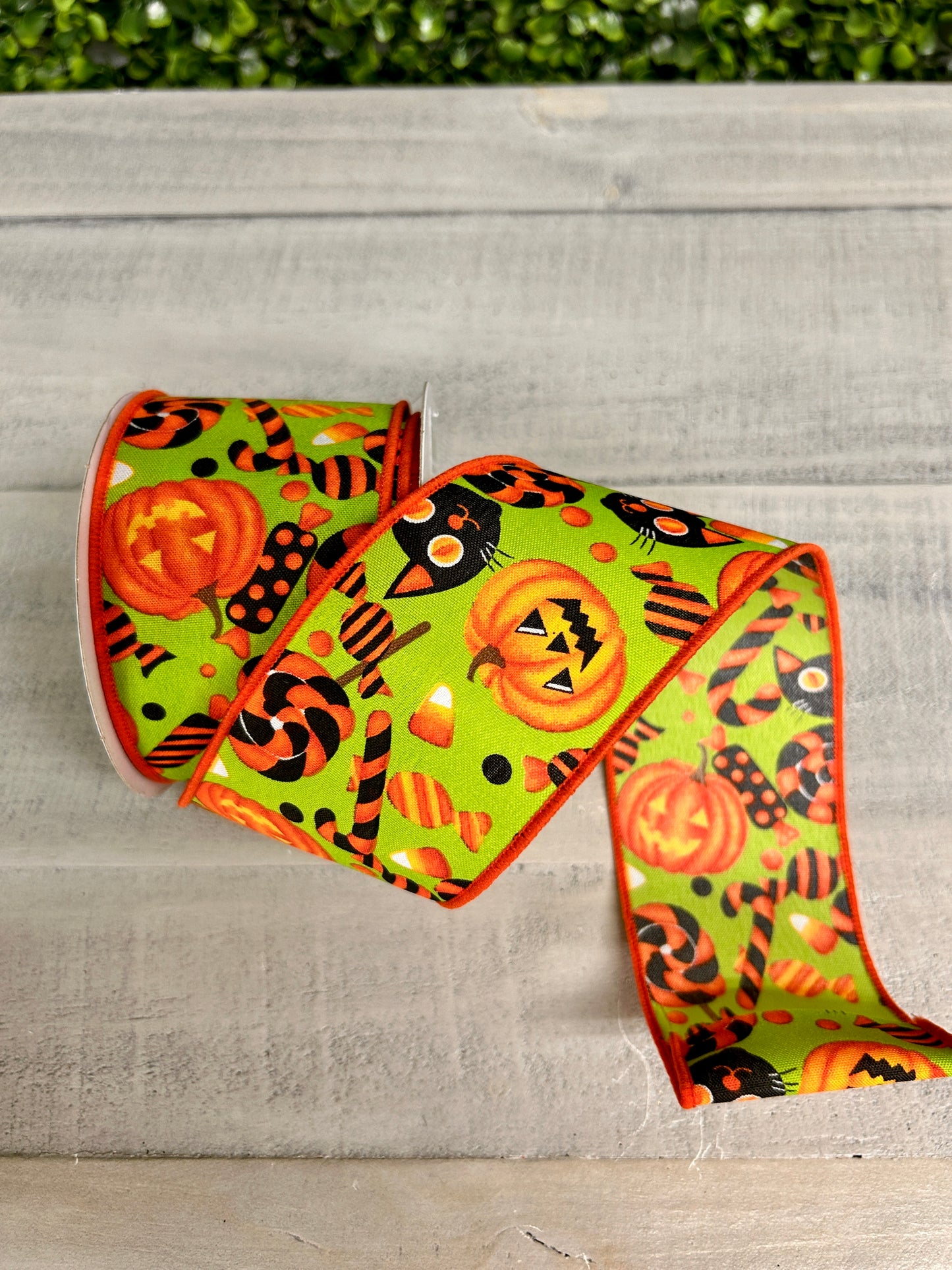 2.5 Inch By 10 Yard Halloween Pumpkin Cats And Candy On Lime Ribbon