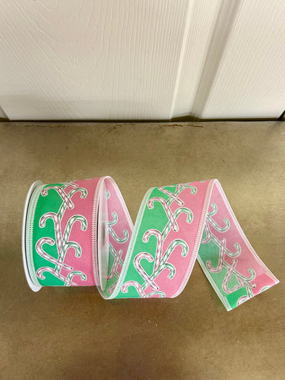 2.5 Inch By 10 Yard Mint Pink White Iridescent Glitter Candy Cane Ribbon