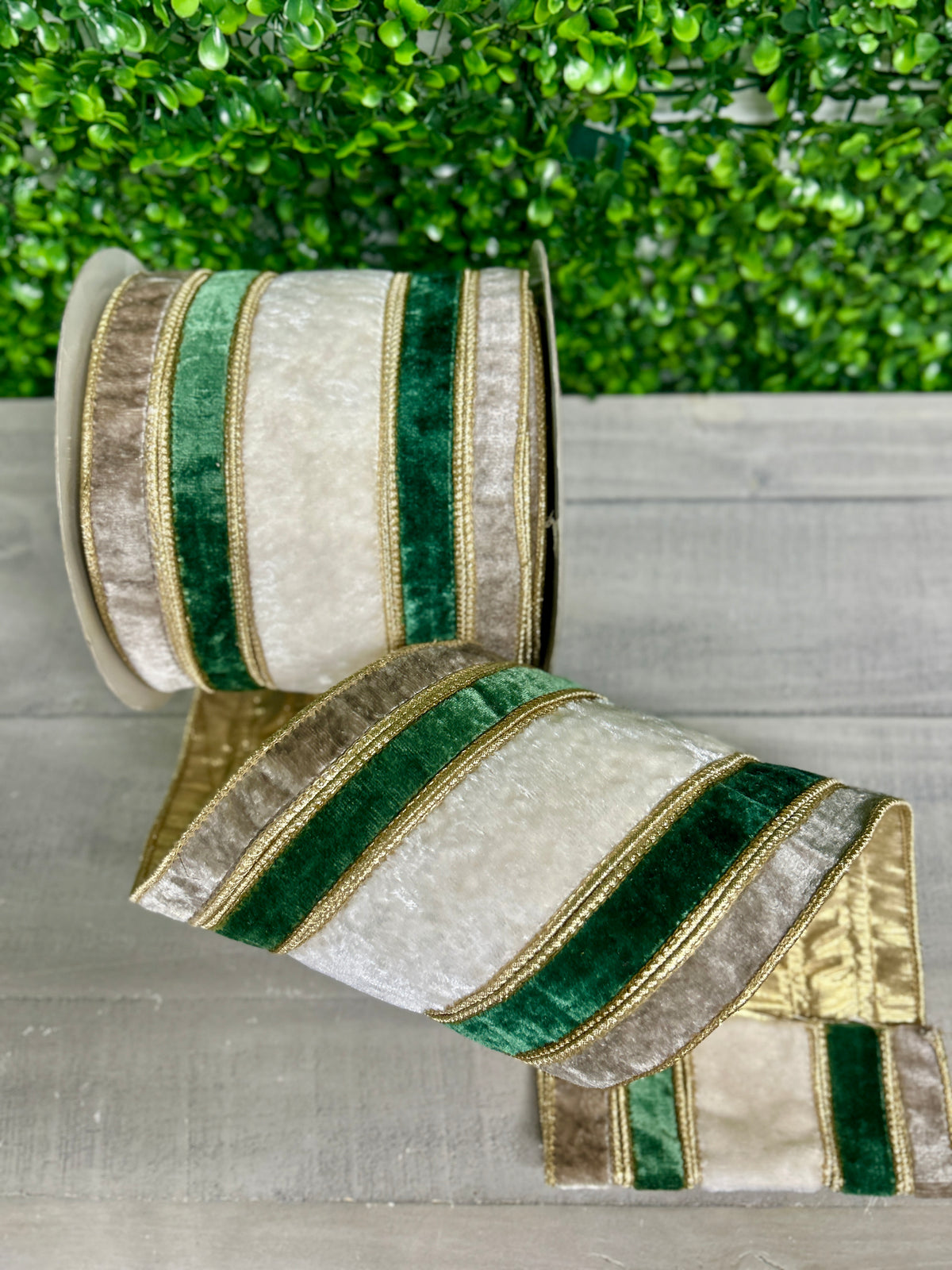 John Mark 6 Inch By 10 Yard Stripe Gray Green White Velvet Metallic Dupioni Ribbon